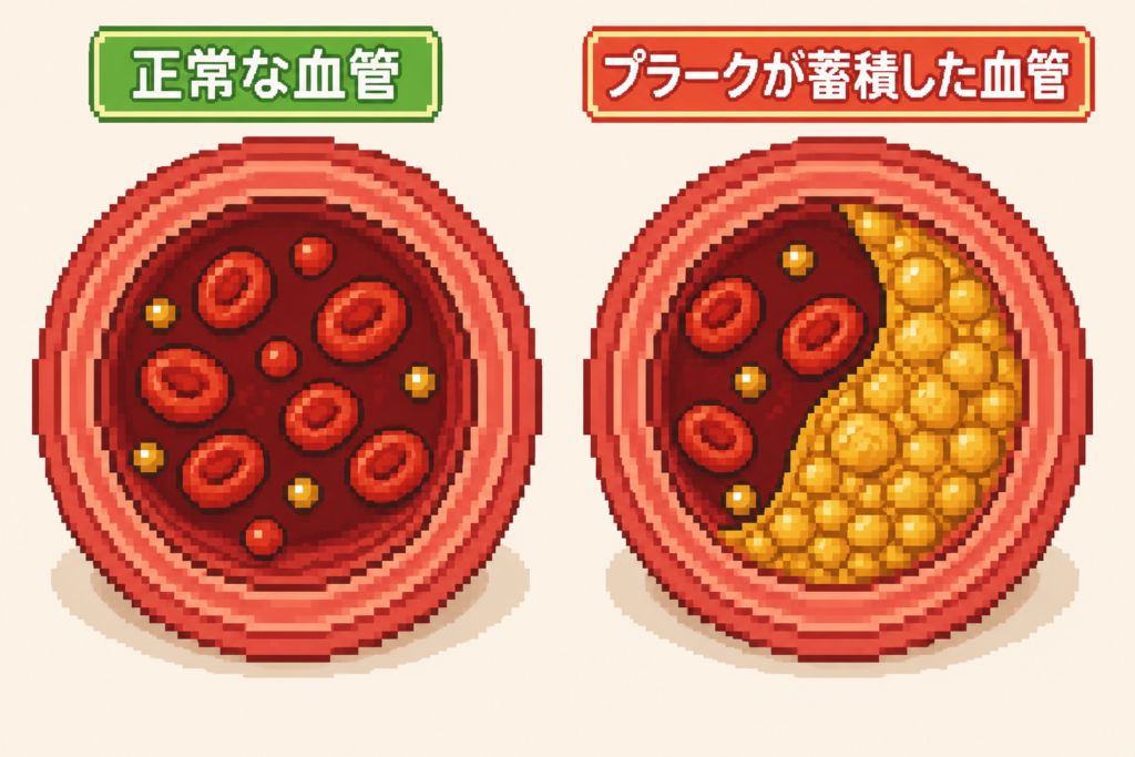 正常な血管とLDLコレステロールのプラークが蓄積して狭くなった血管の比較図