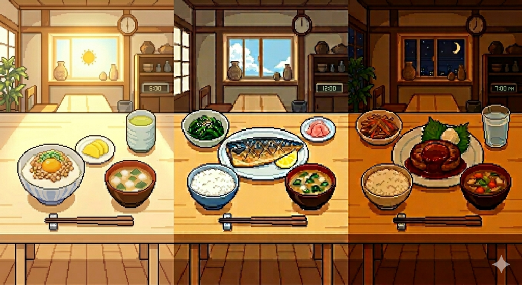 LDLコレステロール対策の1日の献立例：朝食の納豆ご飯・昼食のサバ定食・夕食の豆腐ハンバーグ