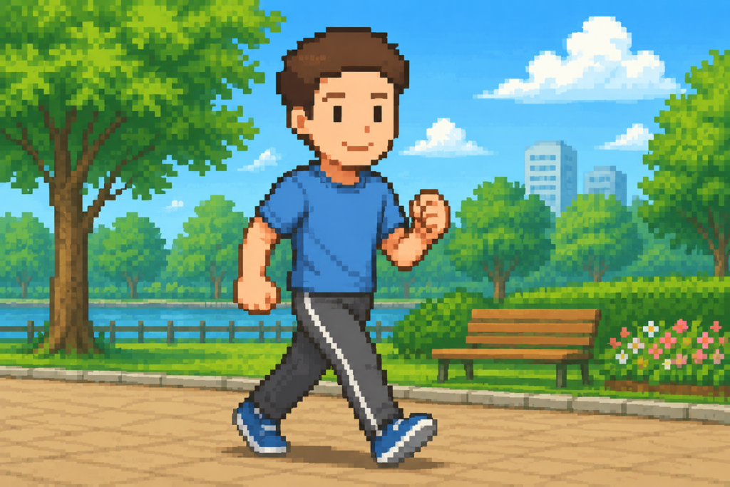 LDLコレステロールを下げるために公園で速歩きをしている男性のイメージ