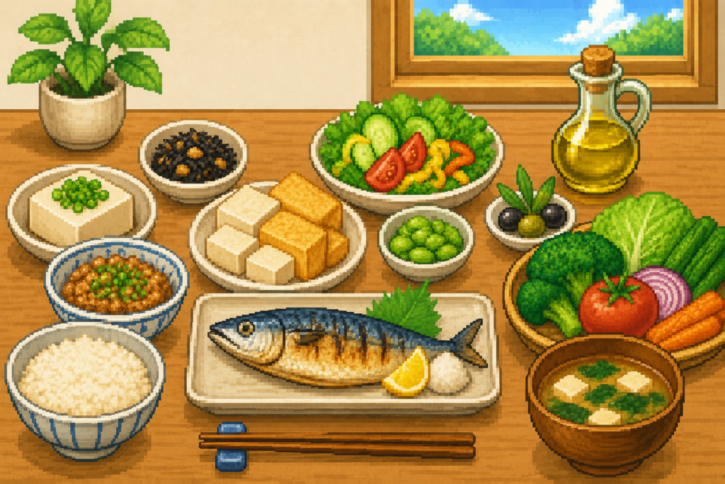 LDLコレステロールを下げる食事：青魚・大豆製品・野菜・オリーブオイルを並べた食卓