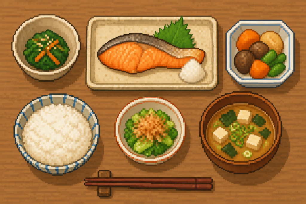 中性脂肪改善に効果的な一汁三菜の和食のドット絵イラスト