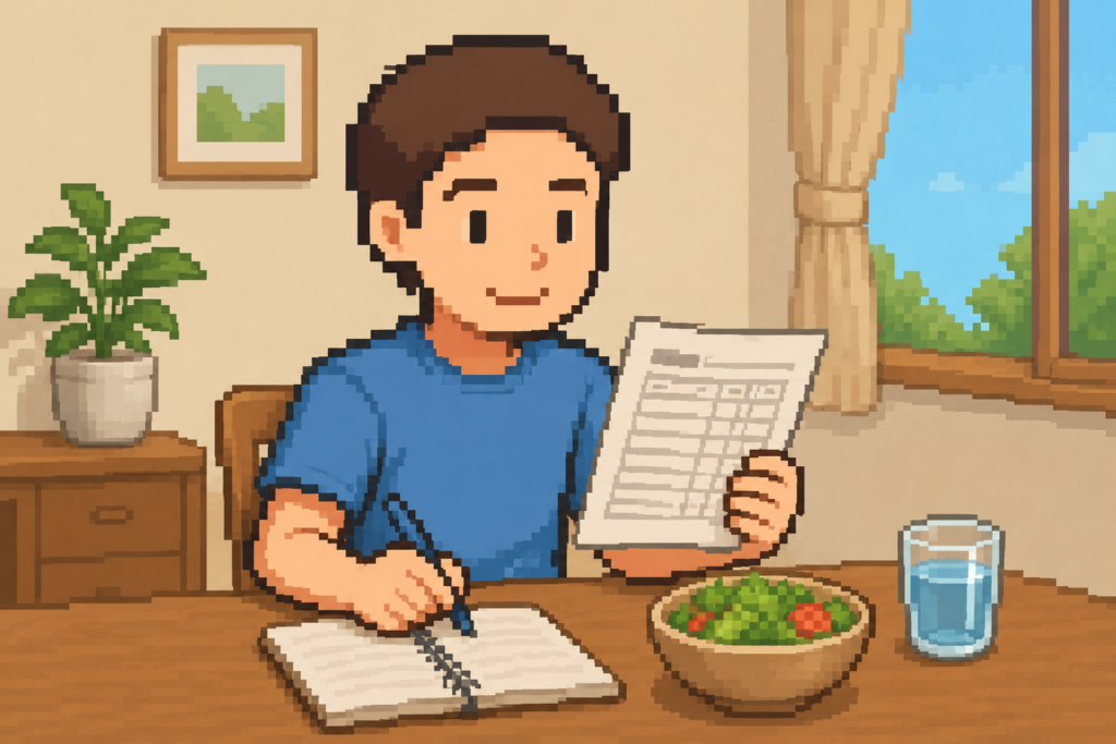  健診結果を見て食事改善を決意する男性のドット絵イラスト