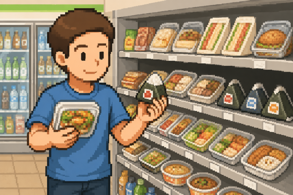 コンビニで中性脂肪対策食品を選ぶ男性のドット絵イラスト