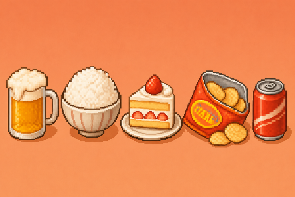 中性脂肪を上げる控えるべき食品のドット絵アイコン集