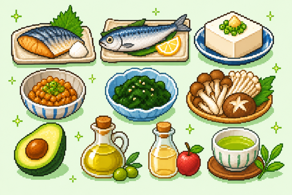 中性脂肪を下げるおすすめ食品10選のドット絵アイコン集