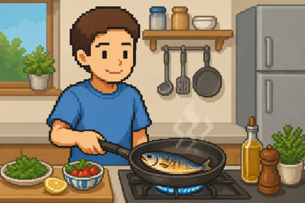 中性脂肪対策の食事メニューを楽しく料理する男性のドット絵イラスト