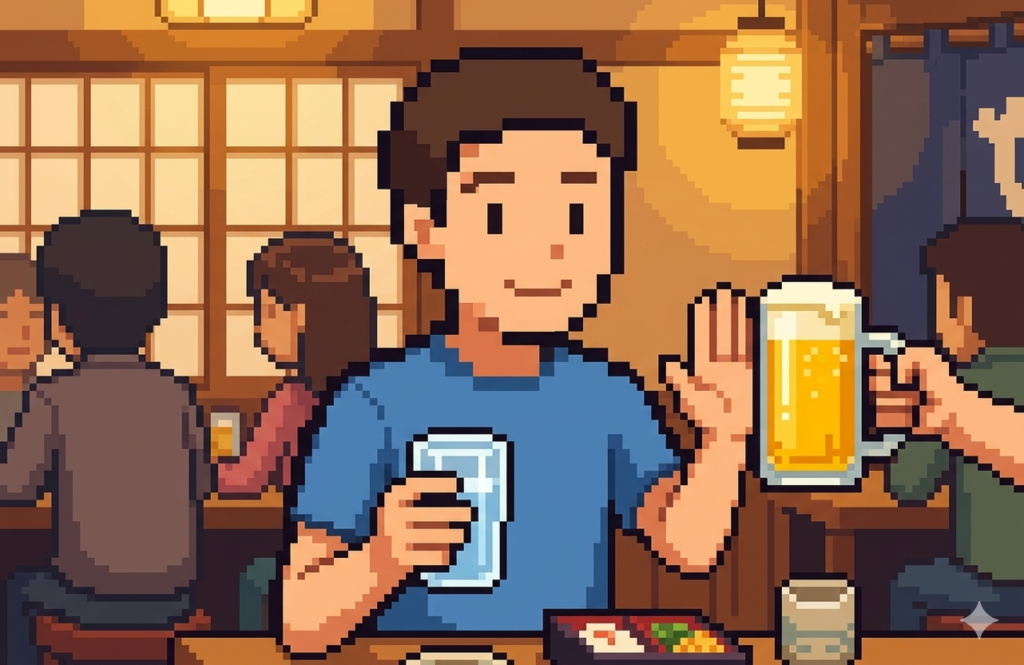 ビールを断って水を選び尿酸値対策をする男性のピクセルアートイラスト