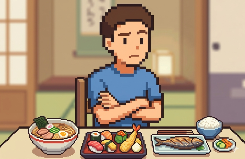 尿酸値対策の食事に何を食べるか悩む男性のピクセルアートイラスト