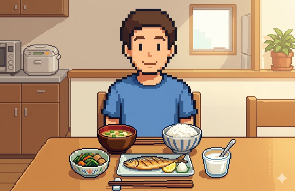 尿酸値改善のためバランスの良い食事を前に笑顔の男性のピクセルアートイラスト