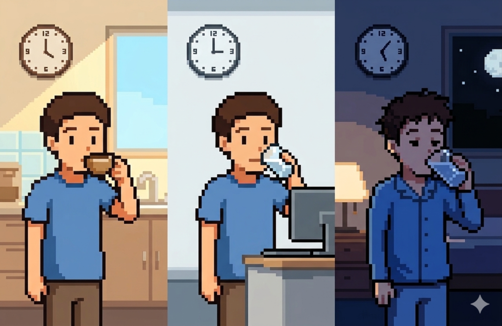 朝・昼・夜の時間帯別に水やコーヒーなどの飲み物を飲む習慣を示した男性のイラスト