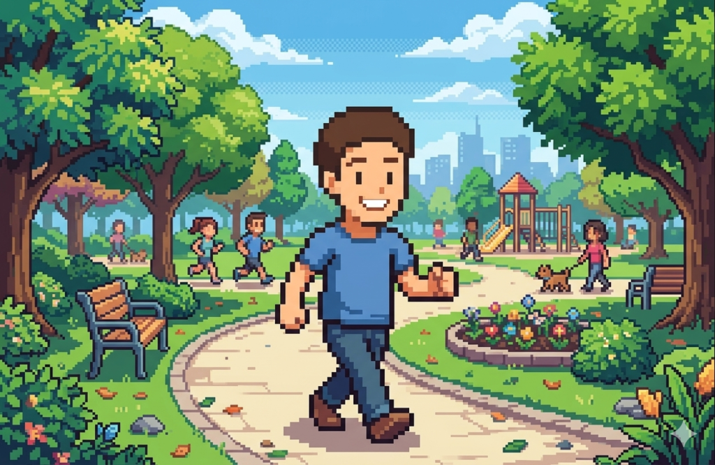 尿酸値改善のため公園で前向きにウォーキングする男性のピクセルアートイラスト