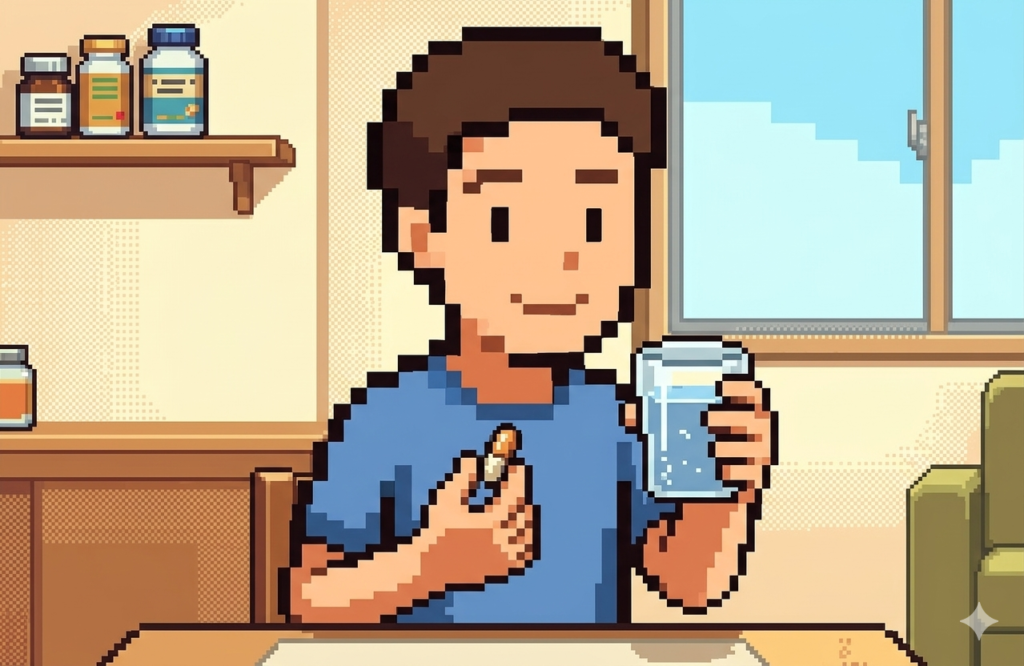 尿酸値サプリを片手に水を飲もうとしている男性のピクセルアートイラスト