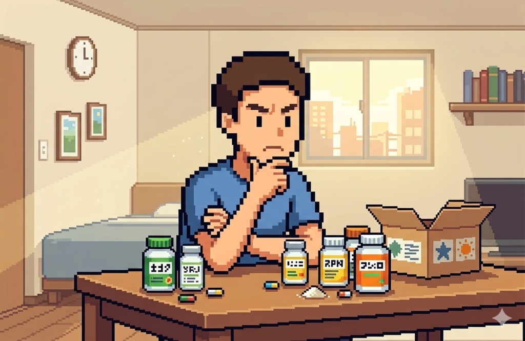 複数の尿酸値サプリを前に選び方を考える男性のピクセルアートイラスト
