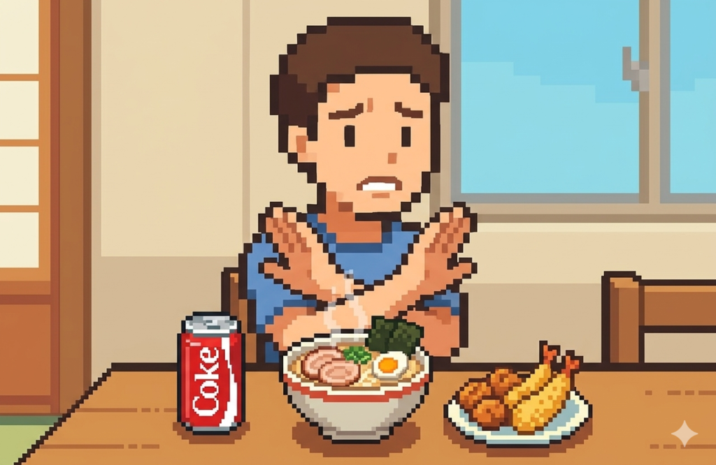 コーラや揚げ物など血糖値を上げやすい食品を前に困り顔でバツサインをしている男性のイラスト