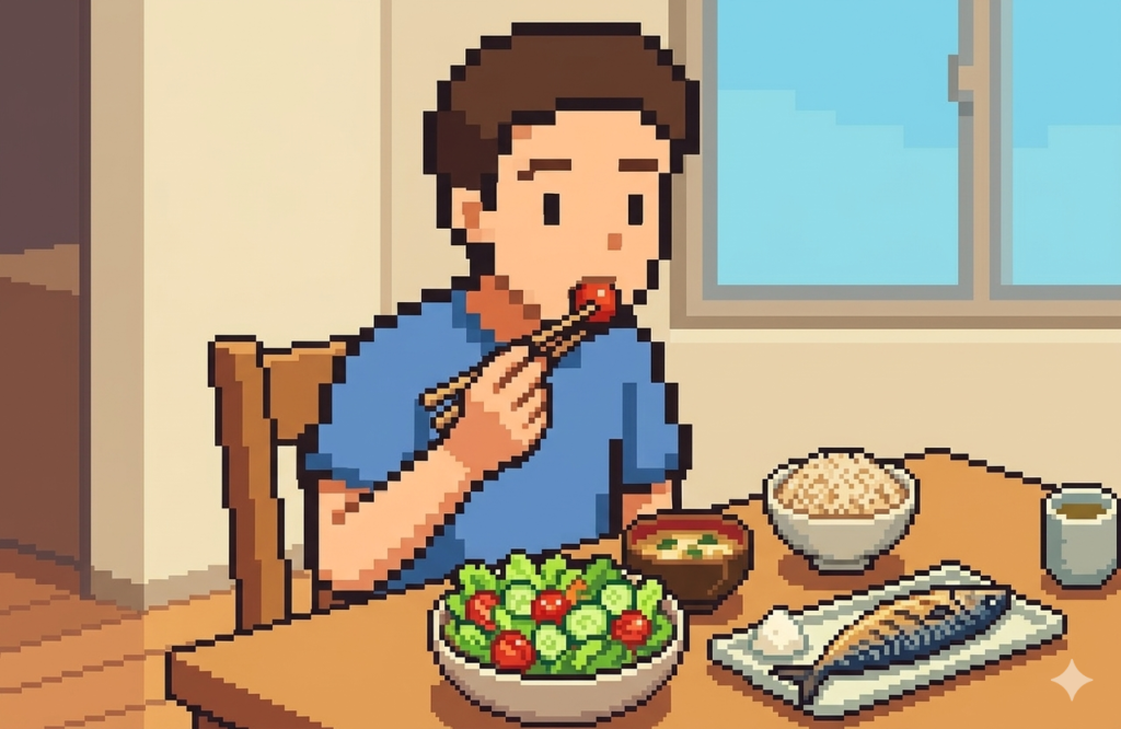 食卓で野菜サラダから先に食べ始めるベジファーストを実践している男性のイラスト