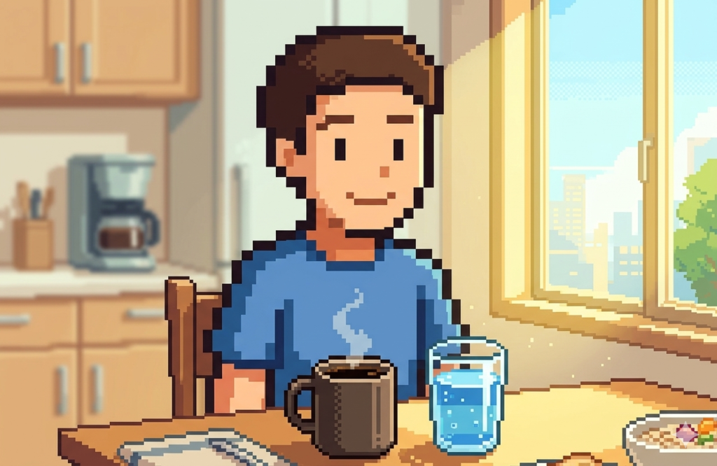朝の食卓でブラックコーヒーと水を前に健康的な飲み物習慣を実践している男性のイラスト