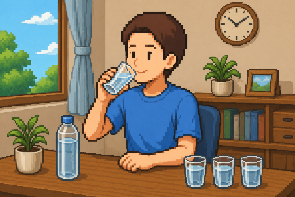机の前で透明なコップの水をこまめに飲む水分補給の習慣を実践している男性のイラスト