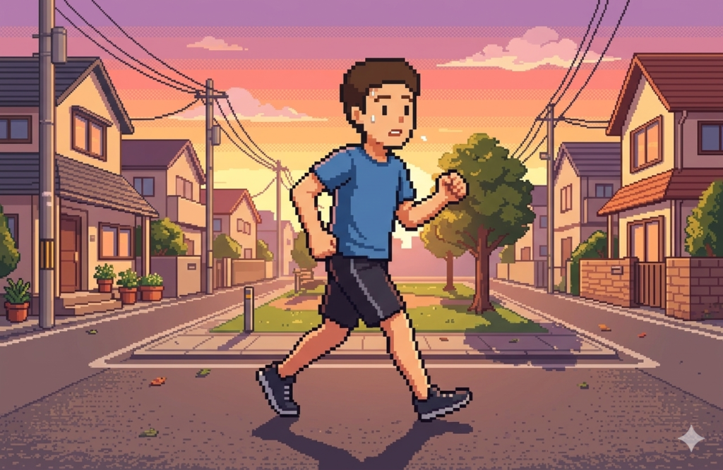 夕暮れの住宅街を速歩きで食後ウォーキングしている男性のイラスト