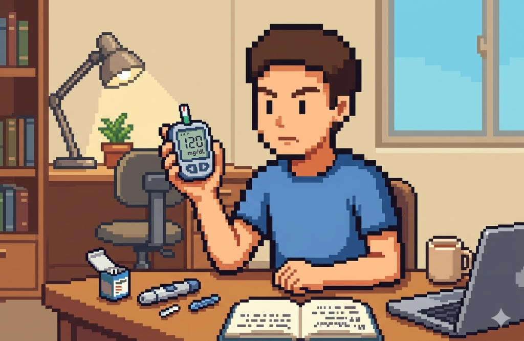 机の前で血糖値測定器を手に持ち数値を真剣に確認している男性のイラスト