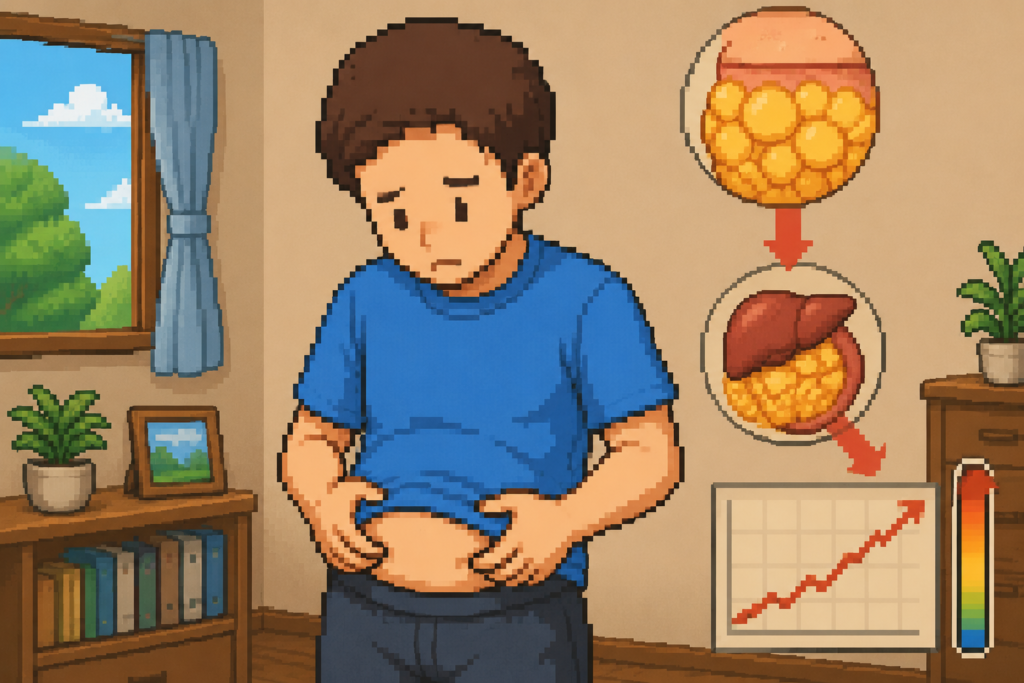 お腹まわりの内臓脂肪を両手で確認しながら困り顔で悩んでいる男性のイラスト