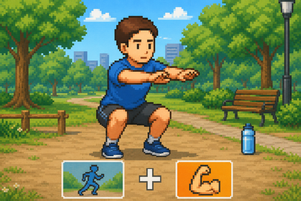公園で有酸素運動と筋トレを組み合わせてスクワットに取り組んでいる男性のイラスト