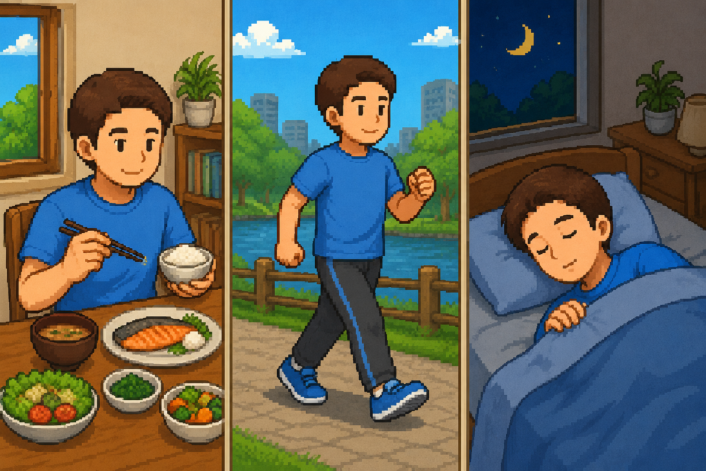 食事・ウォーキング・睡眠の3つの生活習慣改善を実践している男性のイラスト