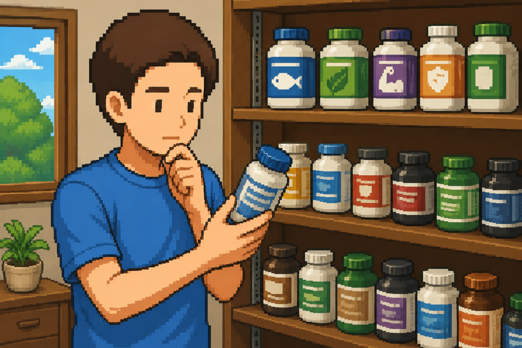 棚に並んだ血糖値ケアのサプリメントを真剣な表情で選んでいる男性のイラスト