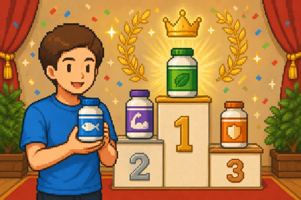 表彰台の前でサプリメントを手に持ちランキング発表を喜んでいる男性のイラスト