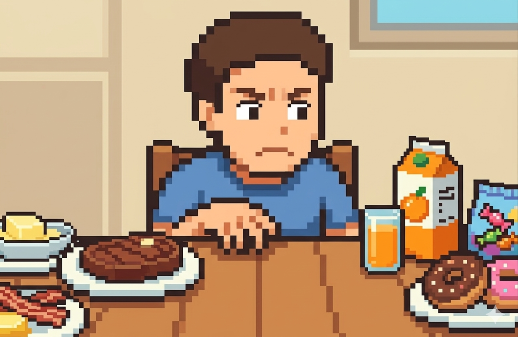 LDLと中性脂肪で食事の影響が異なることを示す男性のイラスト