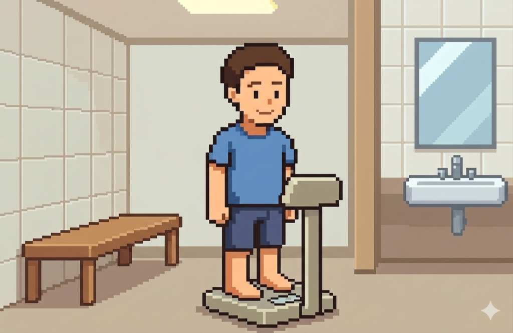 体重計に乗って脂質改善を確認する男性のイラスト