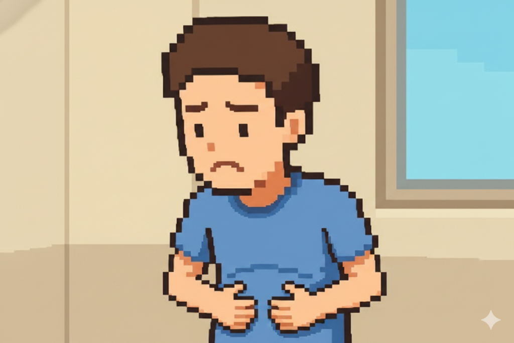 内臓脂肪と脂質異常症の関係を考える男性のイラスト