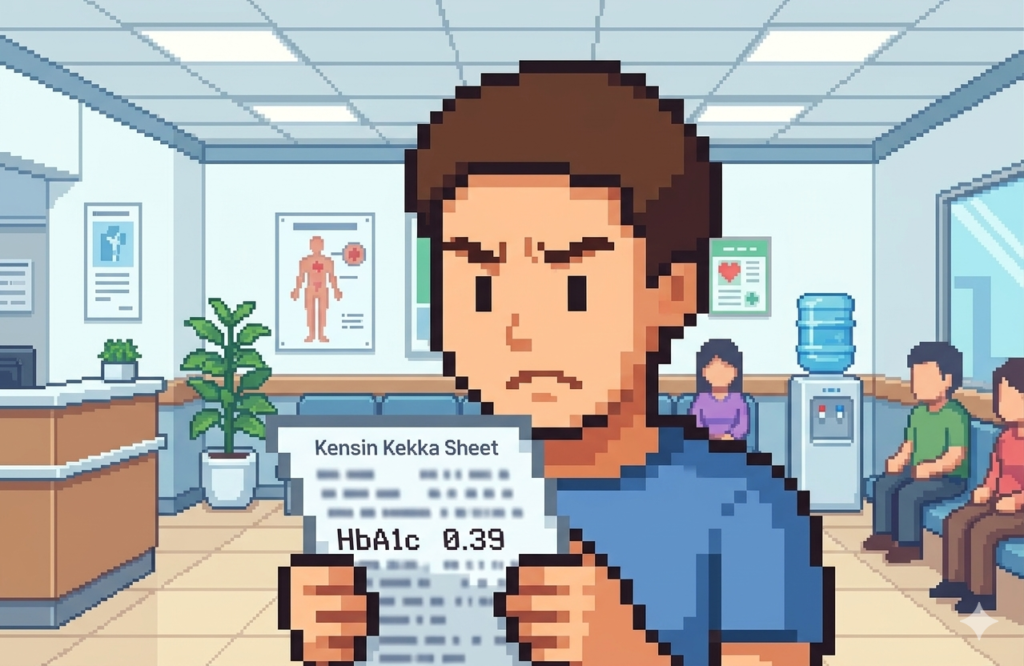 健診結果の用紙を手に持ちHbA1cの数値を見て心配そうな表情をしている男性のイラスト