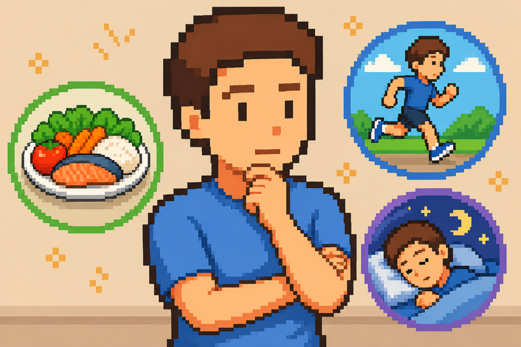 HDLコレステロール改善のために生活習慣全体を見直す男性のイラスト