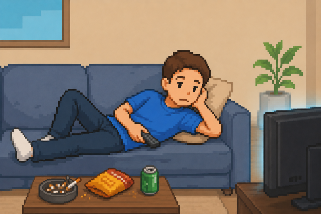 喫煙・運動不足・肥満などHDLが低くなる原因を示す男性のイラスト