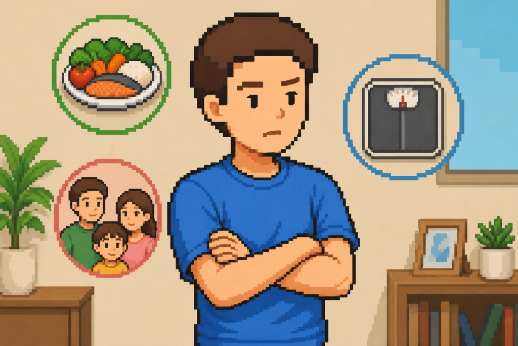 LDLコレステロール200の原因について考える男性のイラスト