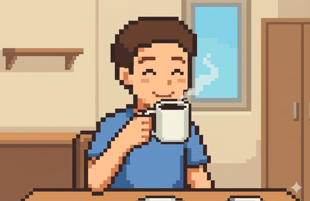 LDLコレステロール対策としてブラックコーヒーを飲む男性のイラスト