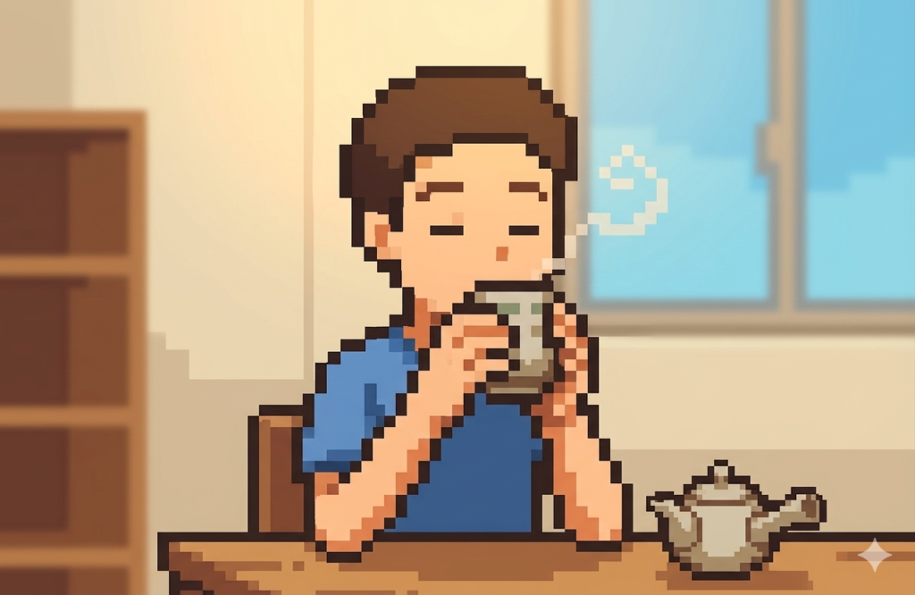 LDLコレステロールを下げる飲み物として緑茶を飲む男性のイラスト