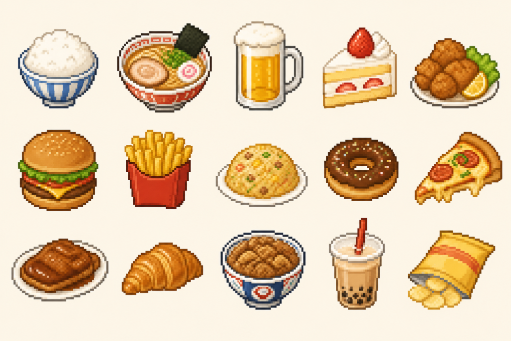 中性脂肪を上げる食品・アルコールのドット絵アイコン集