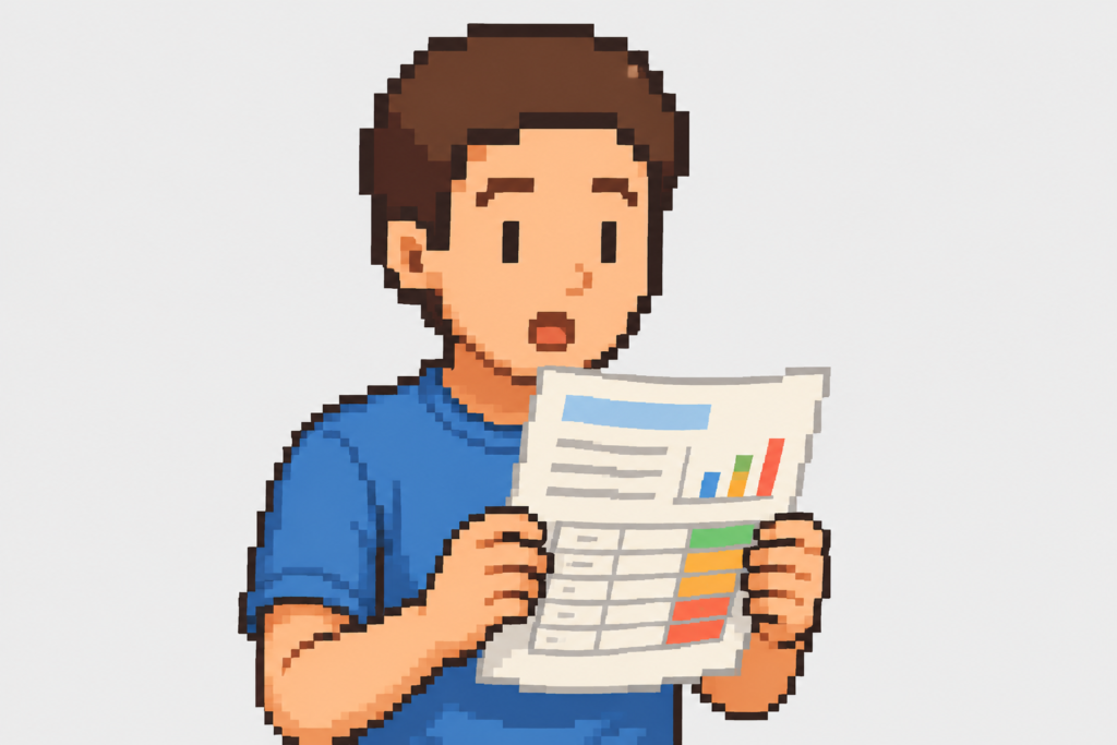 健診結果を見て驚く男性のドット絵イラスト
