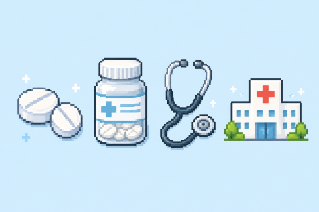 中性脂肪の薬と病院受診を示すドット絵イラスト