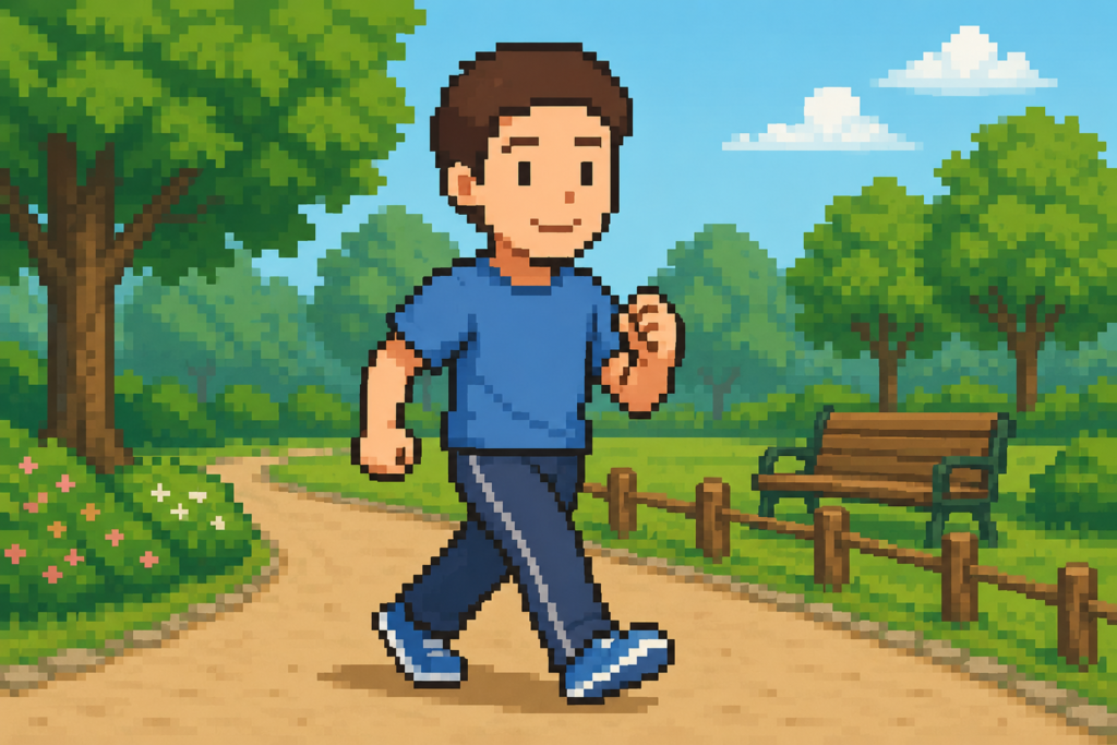 中性脂肪対策としてウォーキングをする男性のドット絵イラスト