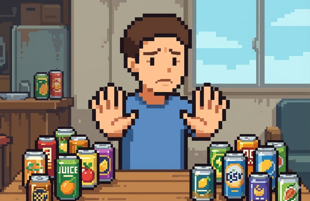 中性脂肪を上げるジュースやアルコール缶を前に両手で制止するポーズをとる男性のイラスト