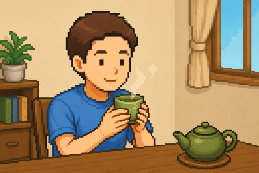 中性脂肪を下げる飲み物として緑茶を飲む男性のイラスト