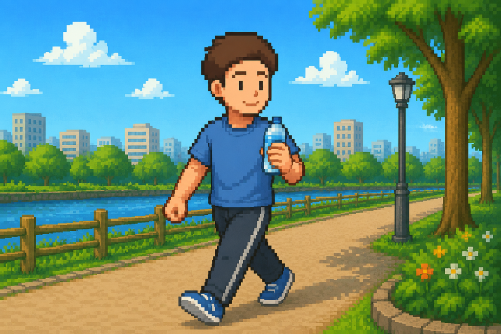 水分補給しながらウォーキングで中性脂肪改善に取り組む男性のイラスト