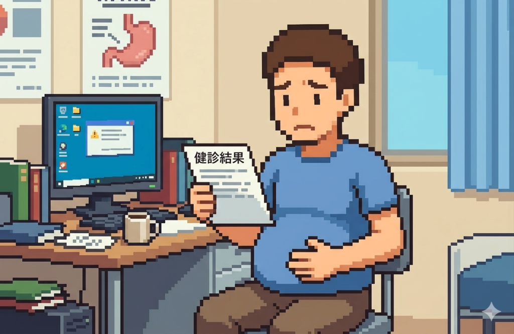 健診結果を見て尿酸値と体重の数値に困り顔で悩む男性のイラスト