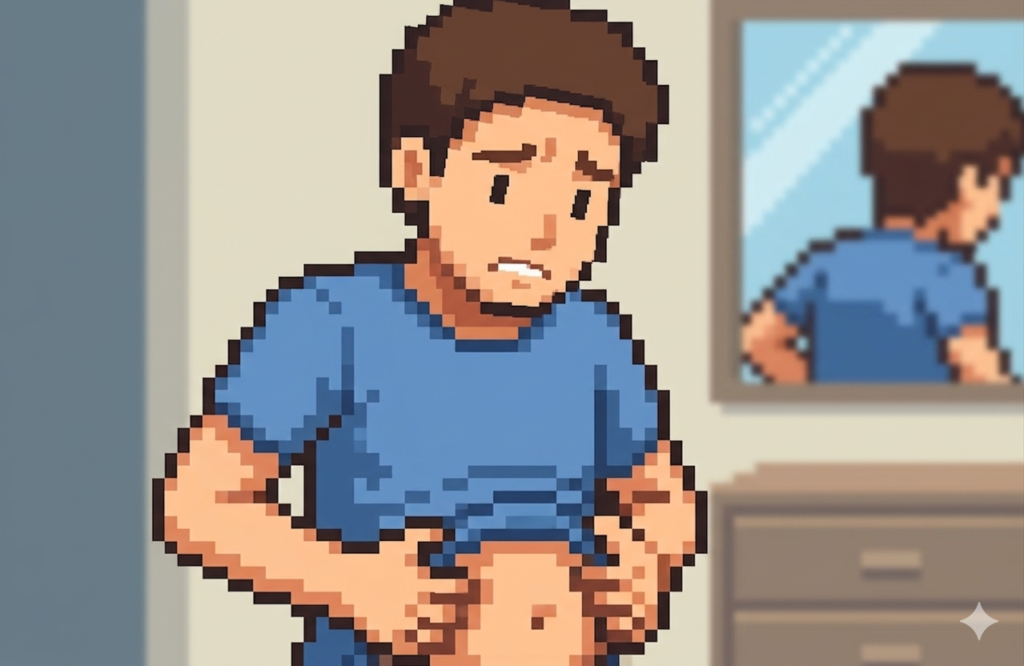 鏡の前でお腹まわりの内臓脂肪を気にして確認している男性のイラスト