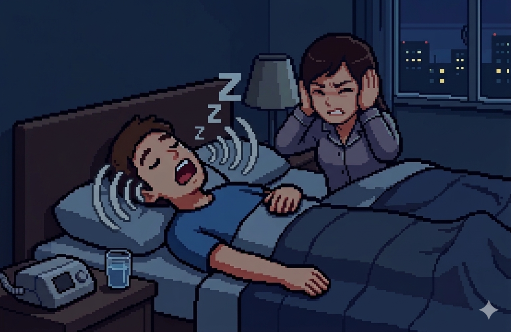 激しいいびきをかいて眠る男性と耳をふさいで困るパートナーのイラスト