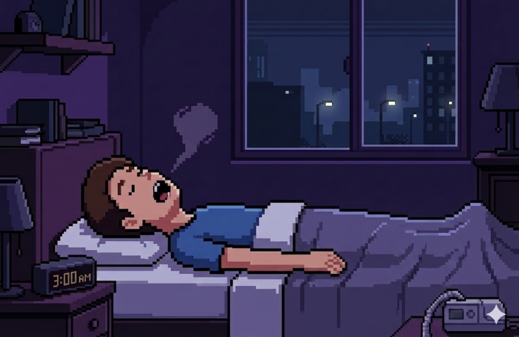 夜中にベッドで仰向けに眠る男性・睡眠時無呼吸症候群を示すイラスト