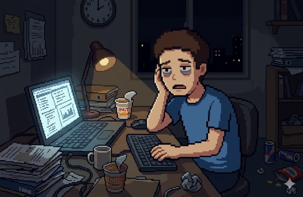 夜遅くまで仕事をして睡眠不足と疲労で憔悴している男性のイラスト