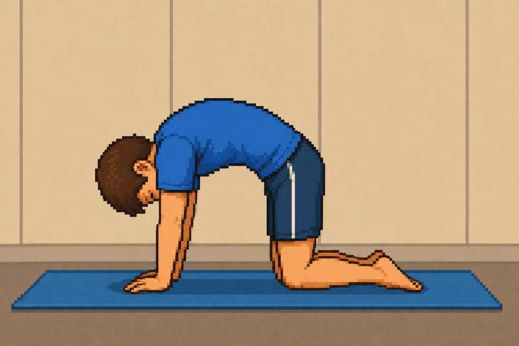 四つ這いで背中を上に丸めるキャットカウのキャットのポーズを行っている男性のイラスト
